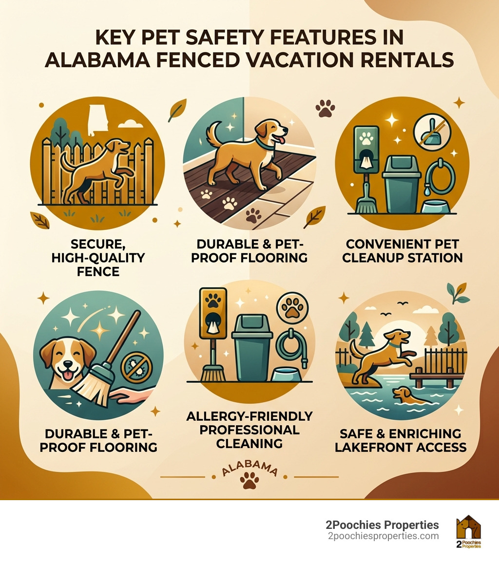 Infographic showing key pet safety features in Alabama fenced vacation rentals - alabama fenced pet vacation rentals