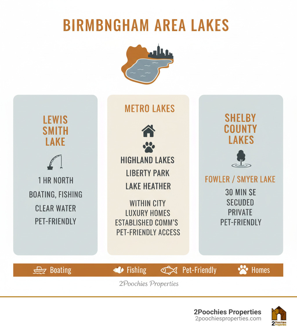Infographic showing top Birmingham area lakes, their distance from the city, and key features like boating, fishing, and