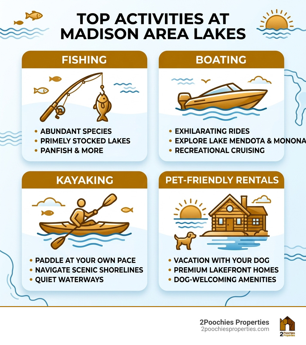 Infographic showing top activities at Madison area lakes including fishing boating kayaking and pet-friendly rentals - lake Infographic showing top activities at Madison area lakes including fishing boating kayaking and pet-friendly rentals - lake