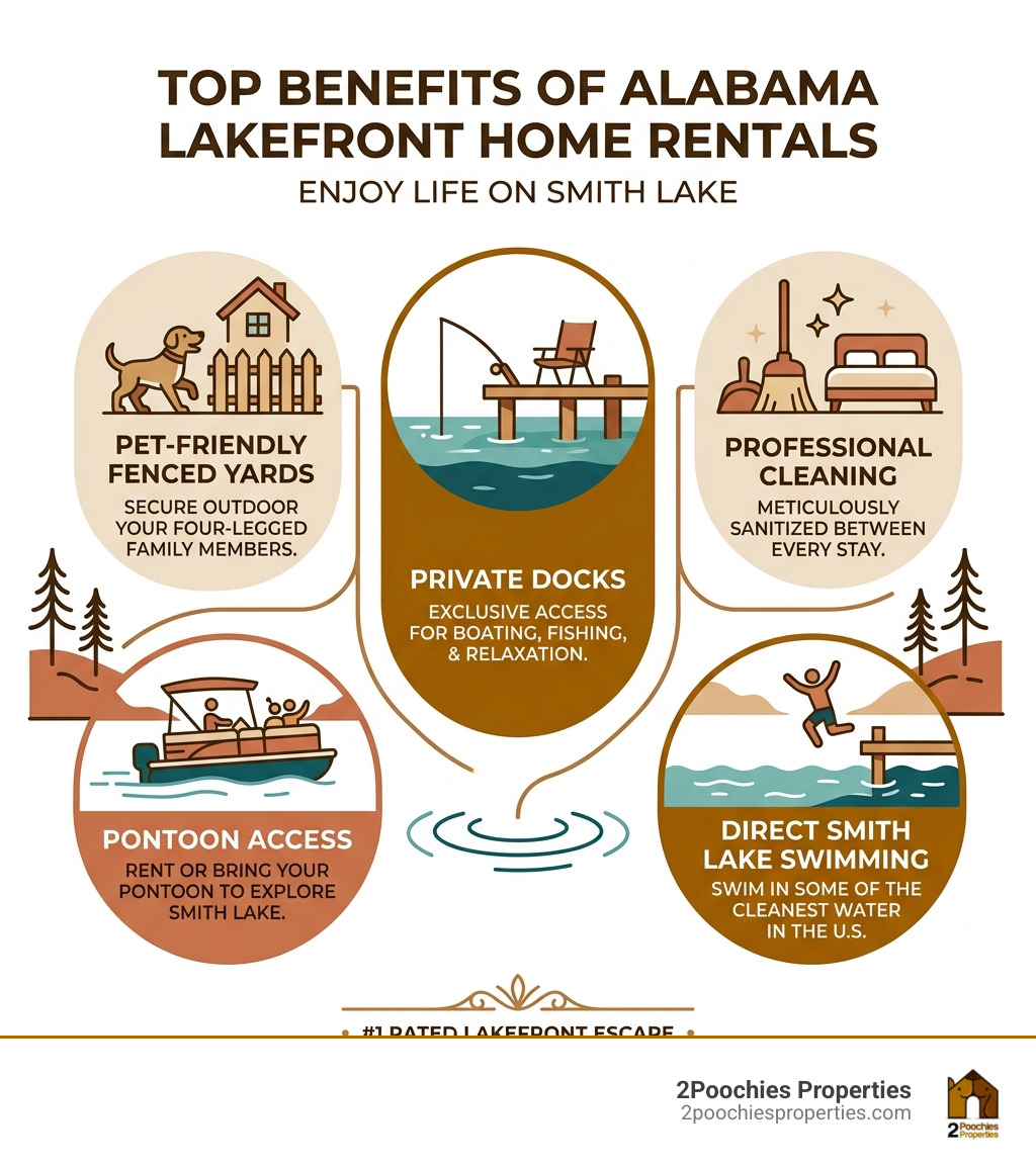 Infographic showing top benefits of Alabama lakefront home rentals: pet-friendly fenced yards, private docks, professional