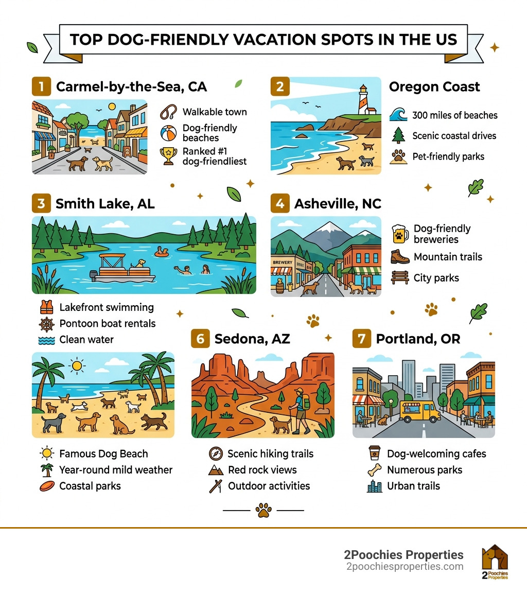 infographic showing top dog-friendly vacation spots in the US with key pet-friendly features per destination - dog friendly