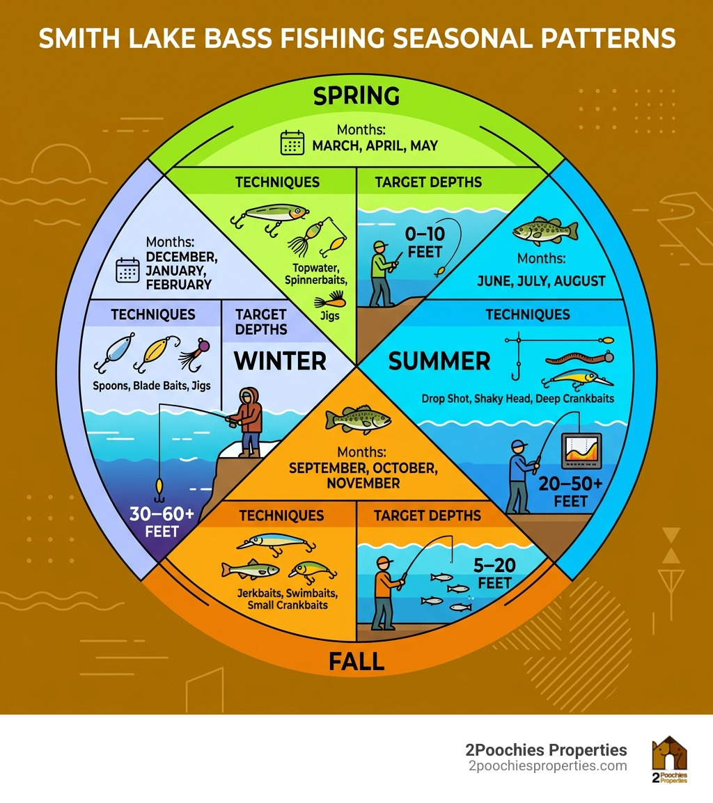 Smith Lake bass fishing seasonal patterns infographic showing best months, techniques, and target depths by season - smith