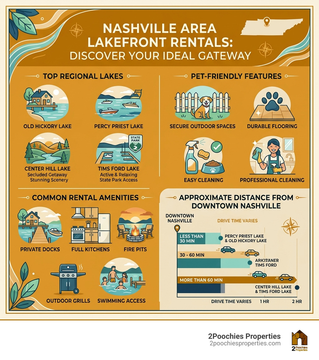 Infographic showing Nashville lakefront rental options, top lakes, pet-friendly features, and distance from downtown
