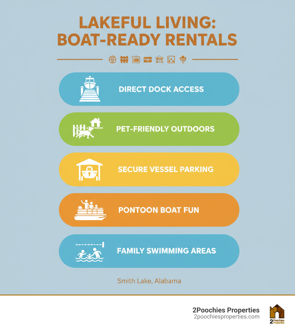 Infographic showing key benefits of vacation rentals with boat slips: direct dock access, pet-friendly outdoor spaces