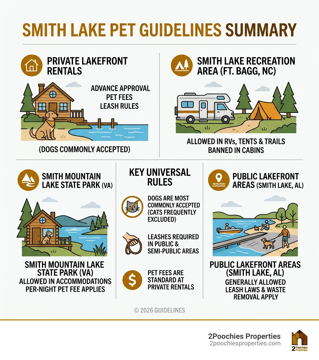Infographic summarizing Smith Lake pet restrictions by location type and key rules - smith lake pet restrictions infographic 