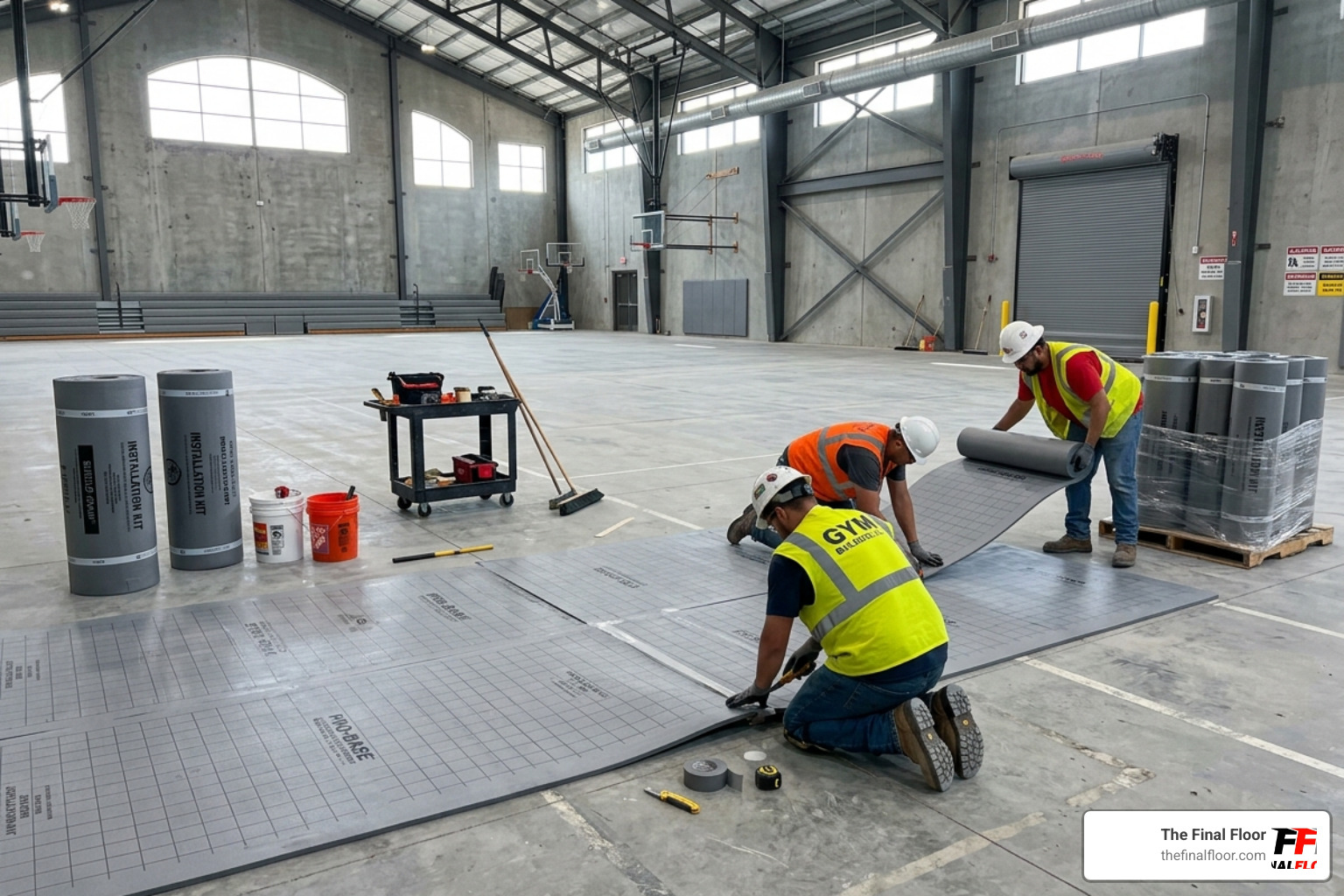 Underlayment being installed on a concrete slab for a gymnasium floor - floating engineered wood floor Underlayment being installed on a concrete slab for a gymnasium floor - floating engineered wood floor