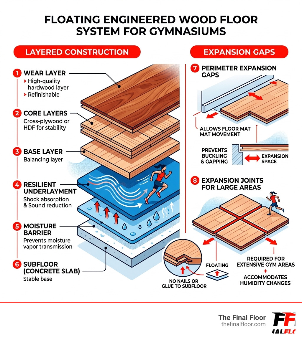 Layered construction and expansion gaps of a floating engineered wood floor system for gymnasiums - floating engineered wood Layered construction and expansion gaps of a floating engineered wood floor system for gymnasiums - floating engineered wood