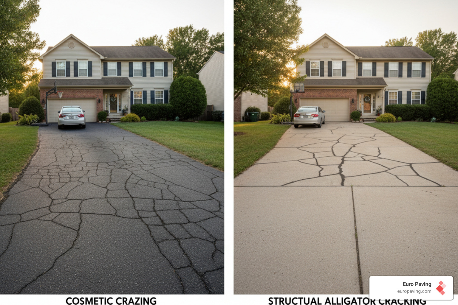 A side-by-side comparison of cosmetic crazing versus deep structural alligator cracking - cracked driveway fix