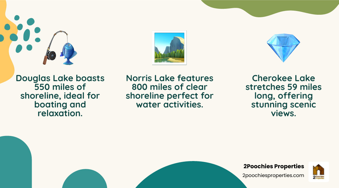 Map infographic of Tennessee's three lake regions with top lakes labeled by activity type - lake cabins in tennessee
