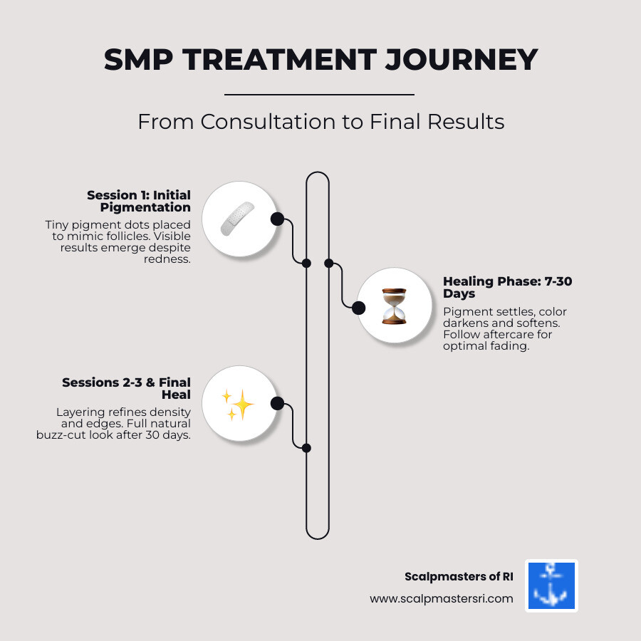 SMP process from consultation to final healed result infographic - scalp micropigmentation before after infographic