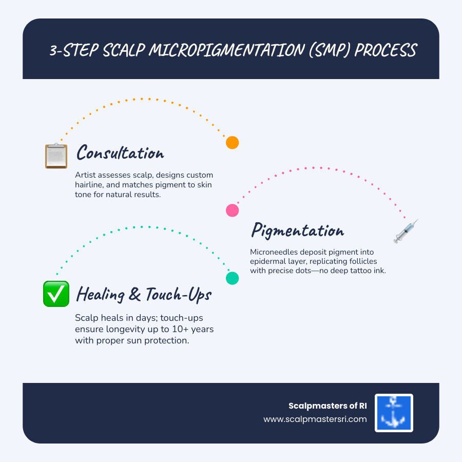 Infographic: 3-step SMP process overview with key Reddit community findings on results and longevity - hair tattoo reddit