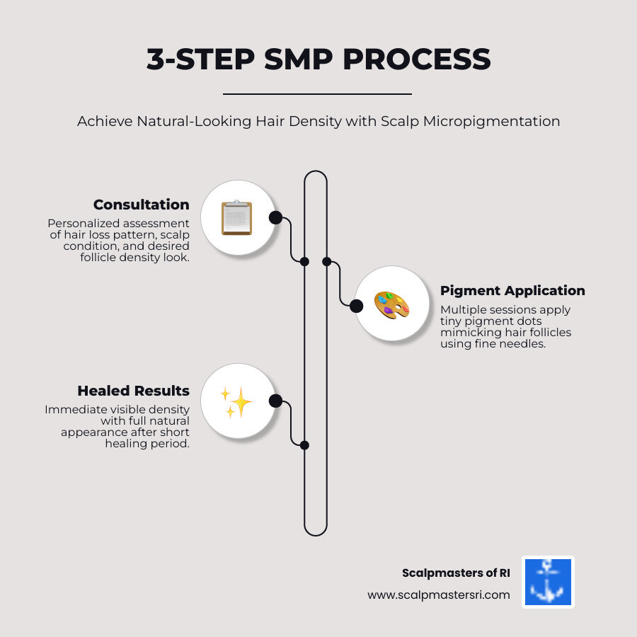 Infographic showing 3-step SMP process: consultation, pigment application sessions, and healed natural-looking results