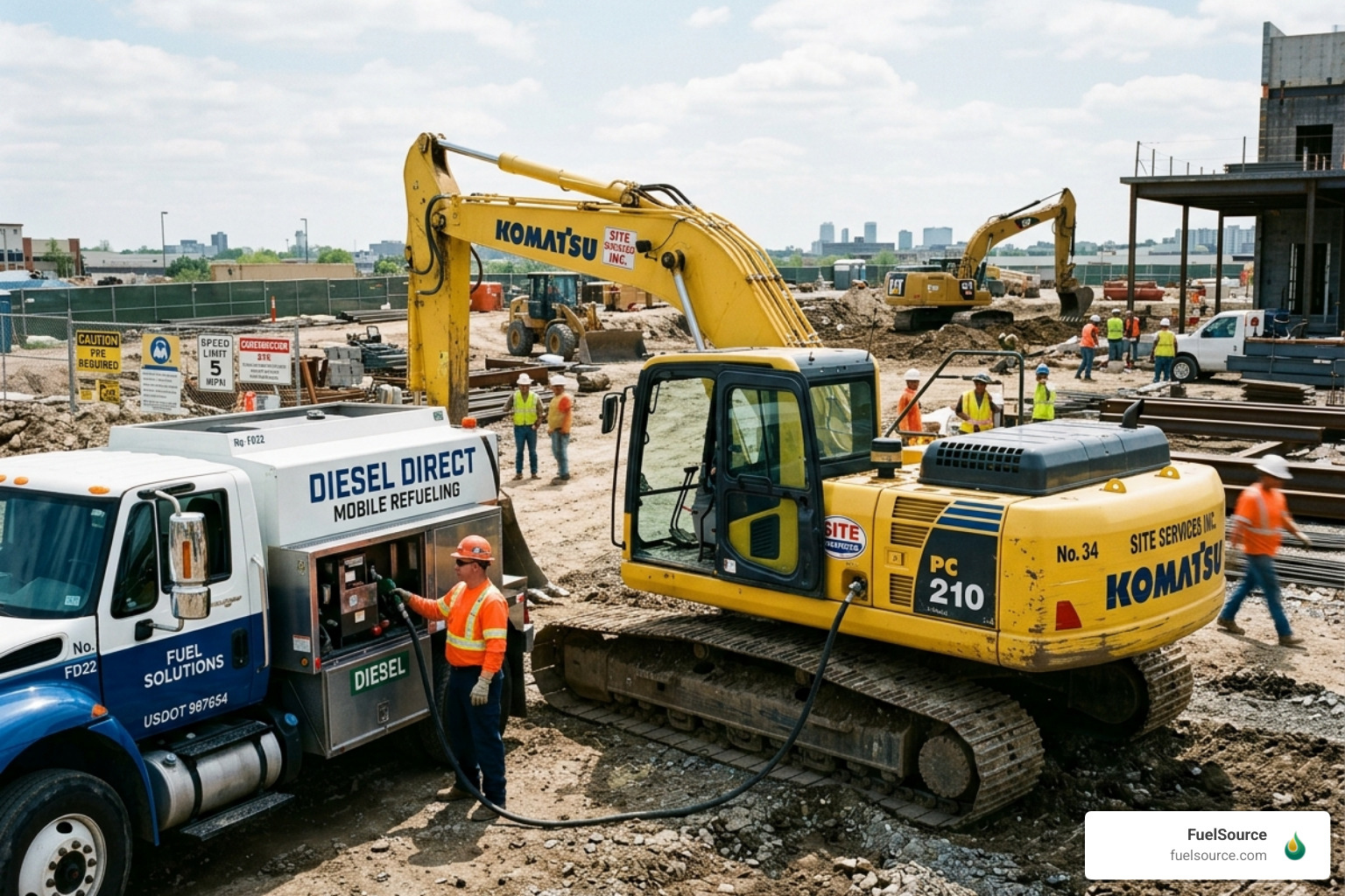 An excavator being fueled at a busy construction site by a mobile delivery truck - diesel delivery heavy machinery An excavator being fueled at a busy construction site by a mobile delivery truck - diesel delivery heavy machinery