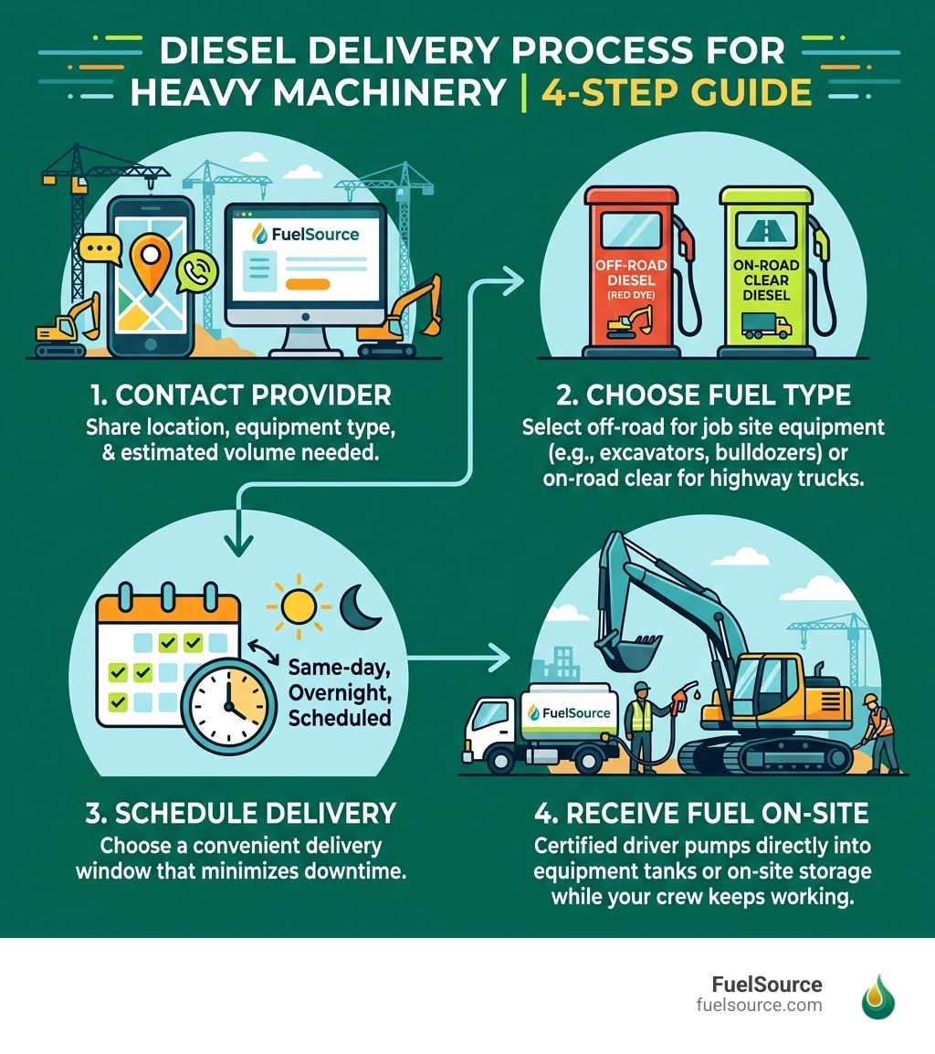 Infographic showing the 4-step diesel delivery process for heavy machinery on job sites - diesel delivery heavy machinery Infographic showing the 4-step diesel delivery process for heavy machinery on job sites - diesel delivery heavy machinery