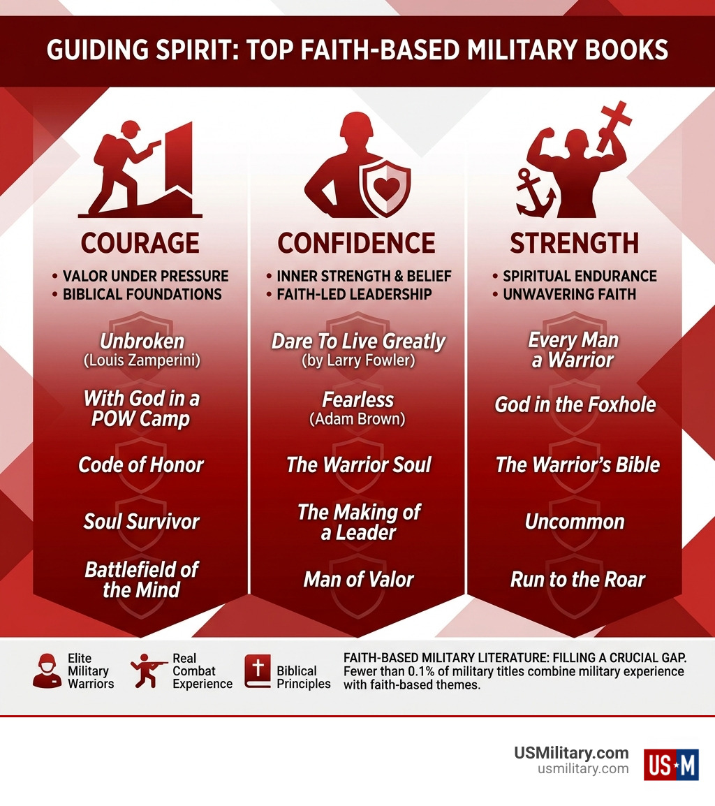 Infographic showing top faith-based military books ranked by theme courage confidence strength warriors - Top 25 Faith-Based