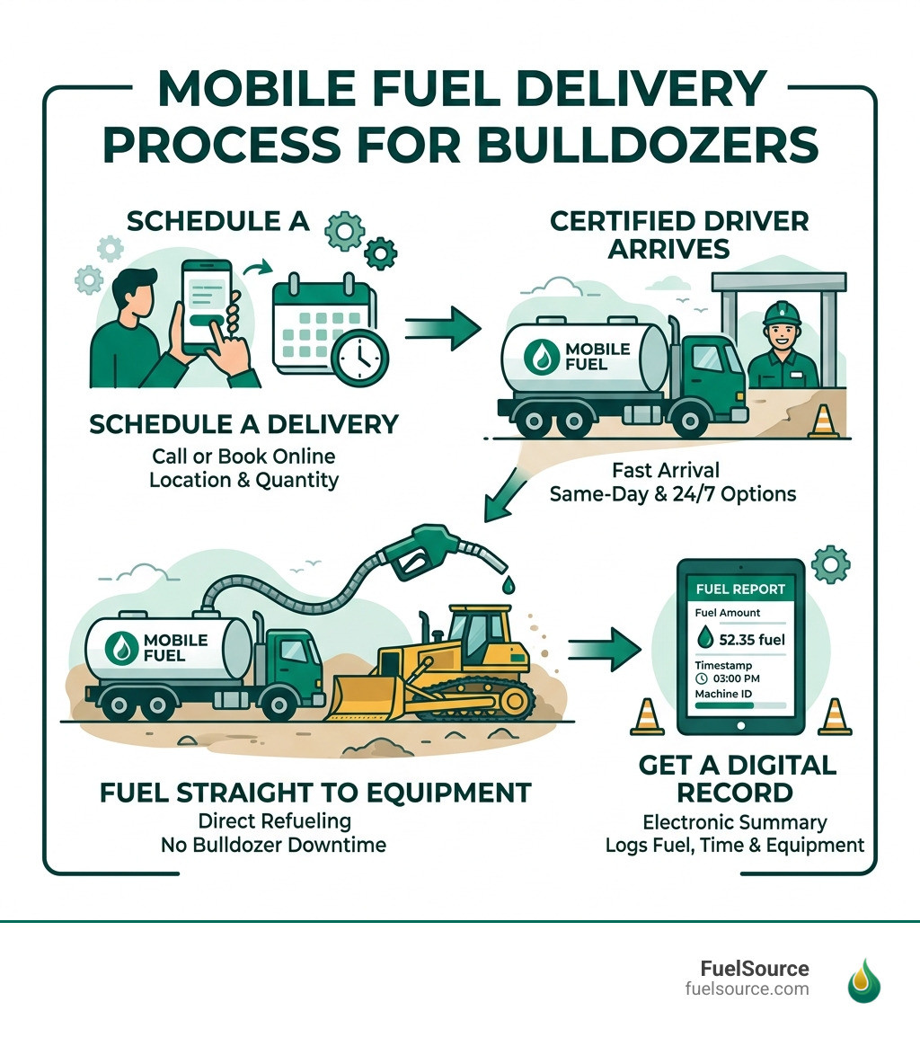 Workflow infographic: mobile fuel delivery process for bulldozers on construction sites - fuel delivery for bulldozers