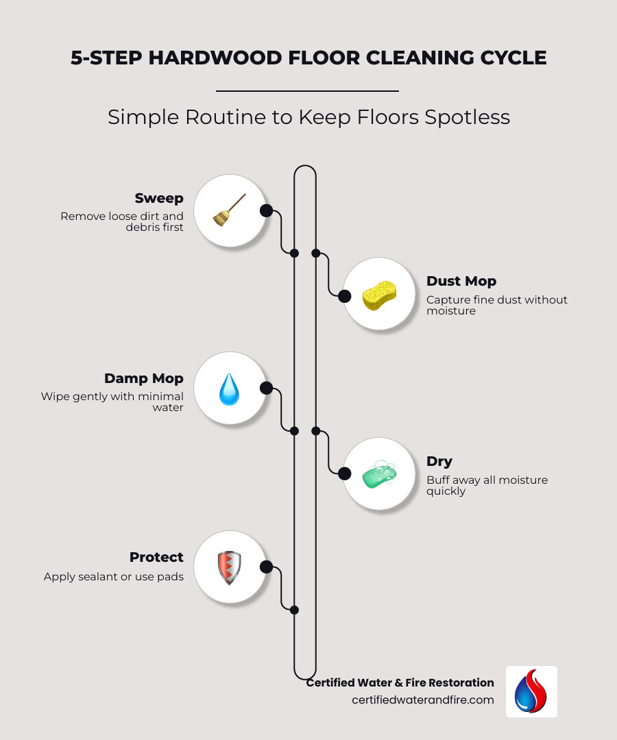 5-step hardwood floor cleaning cycle infographic: sweep, dust mop, damp mop, dry, protect - how to clean hardwood floors