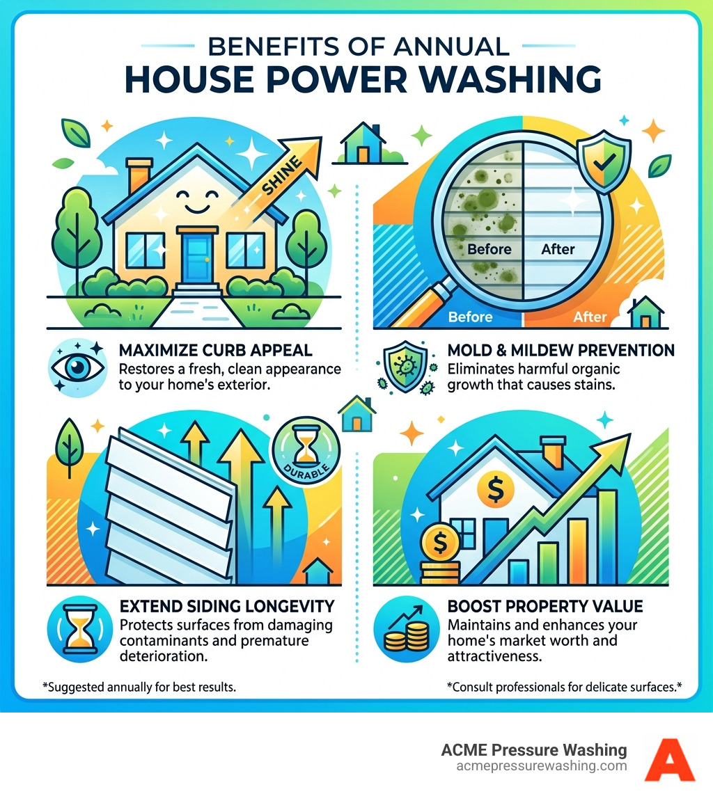 infographic showing benefits of annual house power washing including curb appeal, mold prevention, siding longevity, and