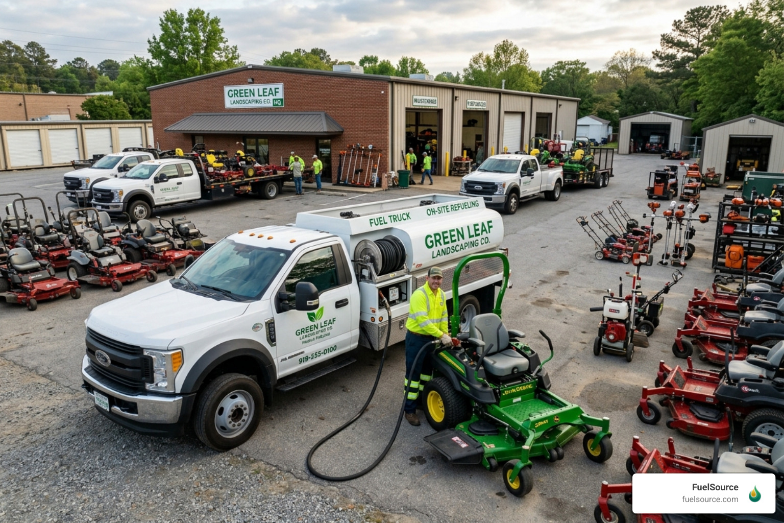 A mobile service truck fueling a commercial zero-turn mower at a landscaping headquarters - landscaping fleet fuel delivery A mobile service truck fueling a commercial zero-turn mower at a landscaping headquarters - landscaping fleet fuel delivery