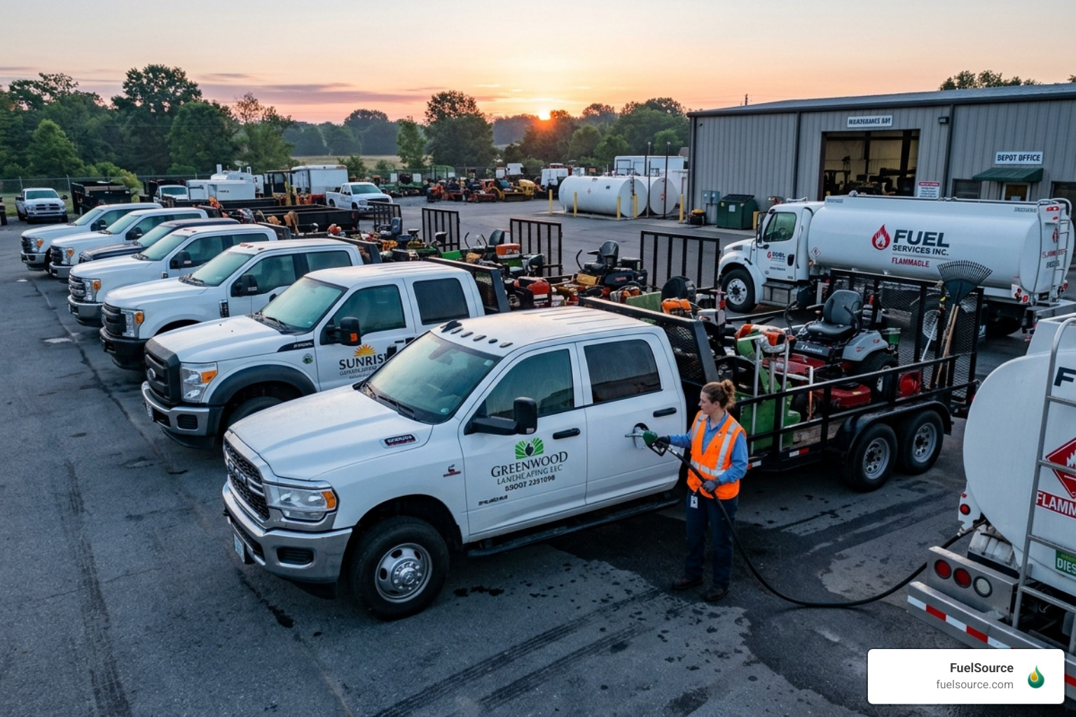 A fuel technician fueling a line of commercial landscaping trucks at a depot during the early morning hours - landscaping A fuel technician fueling a line of commercial landscaping trucks at a depot during the early morning hours - landscaping