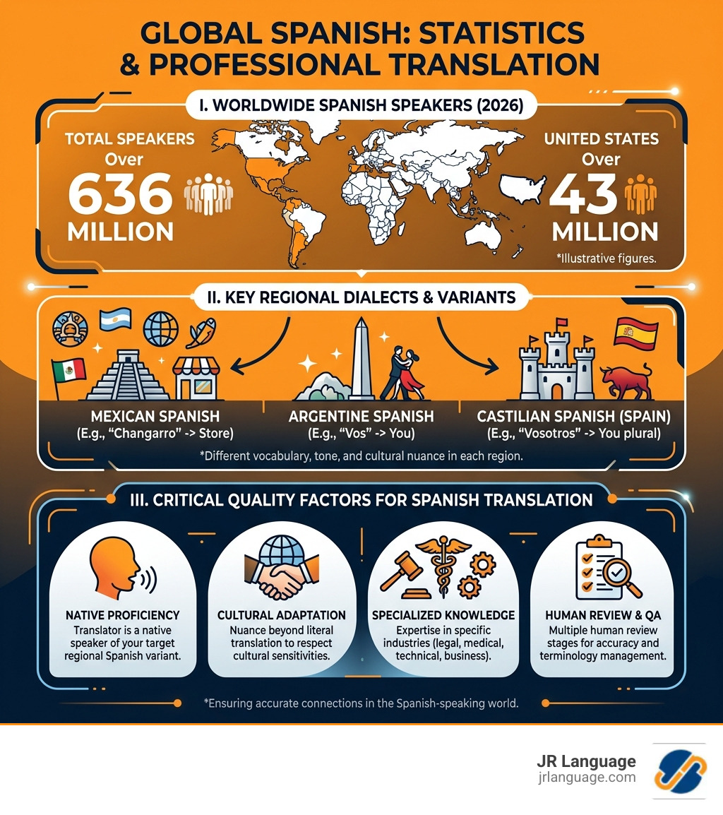 Infographic showing Spanish speaker statistics, regional dialects, and key translation quality factors - professional Infographic showing Spanish speaker statistics, regional dialects, and key translation quality factors - professional