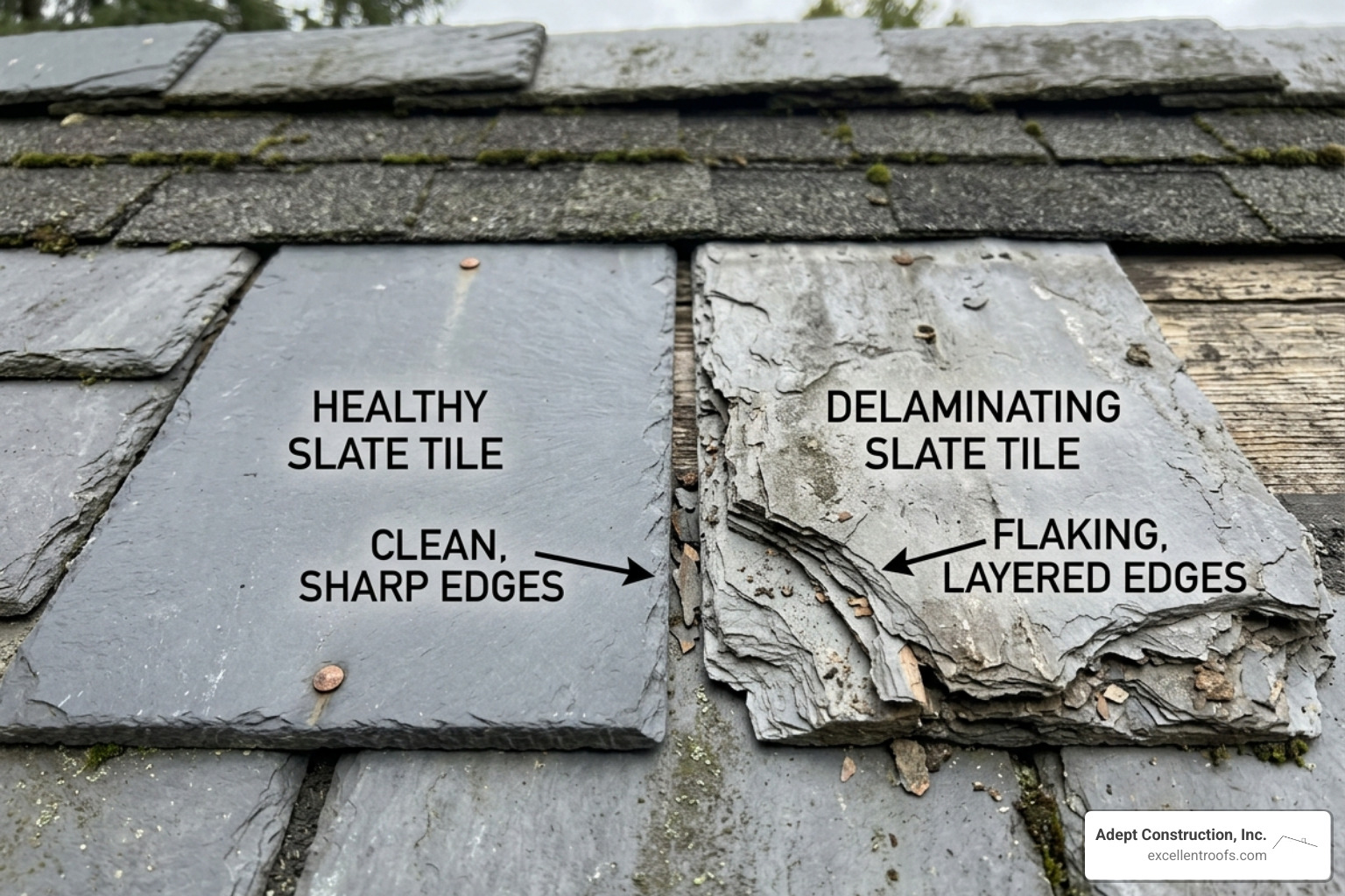 Visual comparison of healthy slate with a sharp edge vs. delaminating slate with flaking layers - fix slate roof