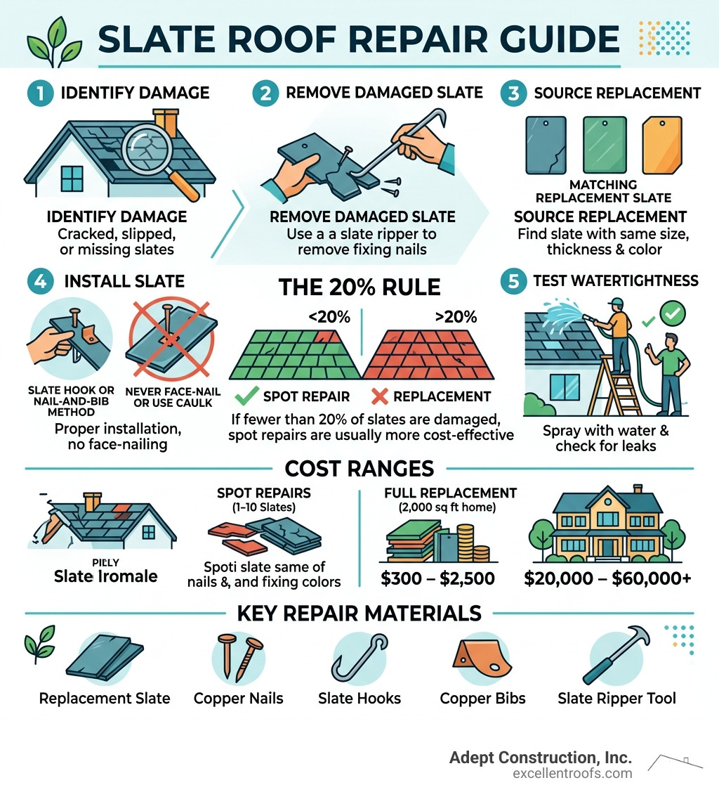 Infographic showing 5-step slate roof repair process, 20% rule, cost ranges, and key materials - fix slate roof infographic 