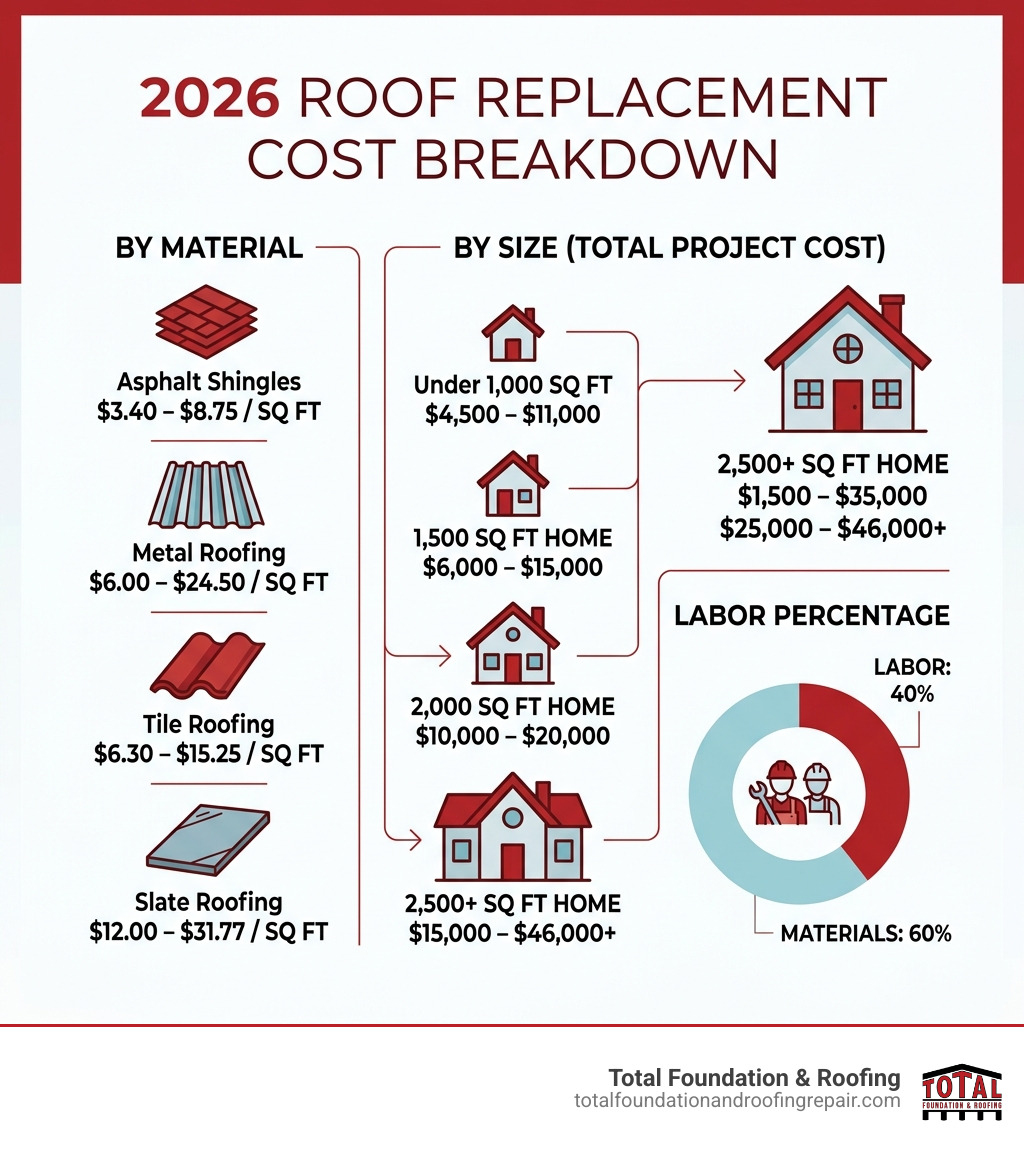 Infographic showing 2026 roof replacement cost breakdown by material, size, and labor percentage - cost of reroofing house