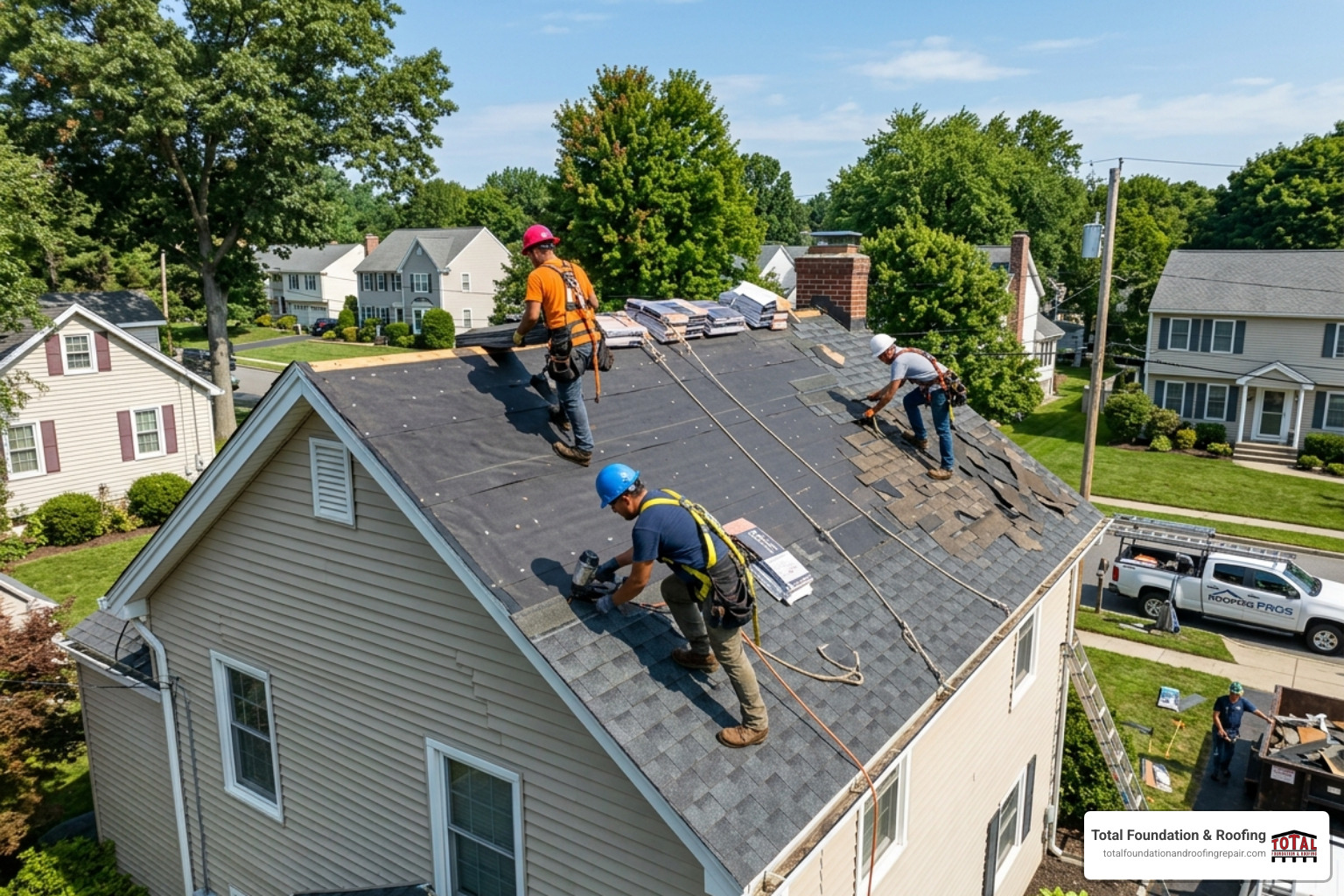 crew working on a steep pitched roof with safety harnesses - cost of reroofing house