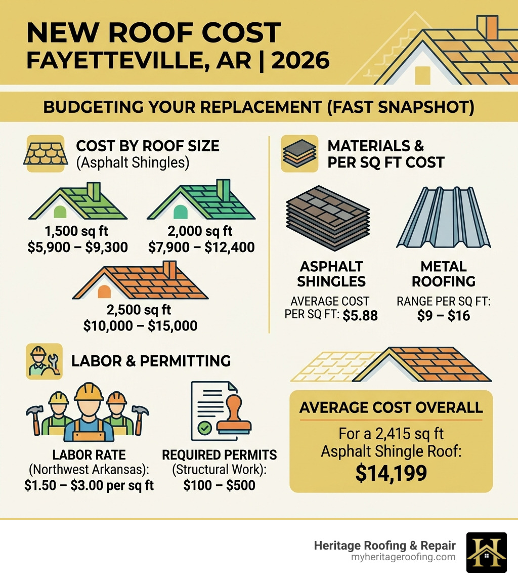 Infographic showing new roof cost Fayetteville by size, material, and labor rate in 2026 - new roof cost fayetteville