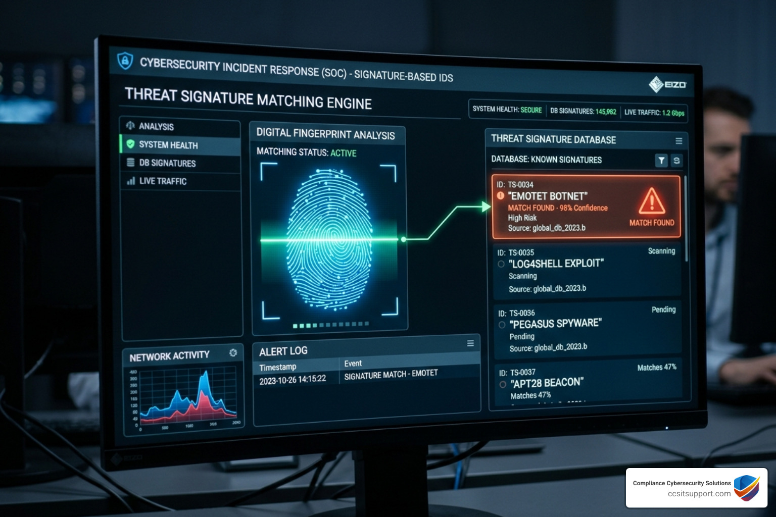 Digital fingerprint matching a database to represent signature-based detection - network intrusion detection system Digital fingerprint matching a database to represent signature-based detection - network intrusion detection system