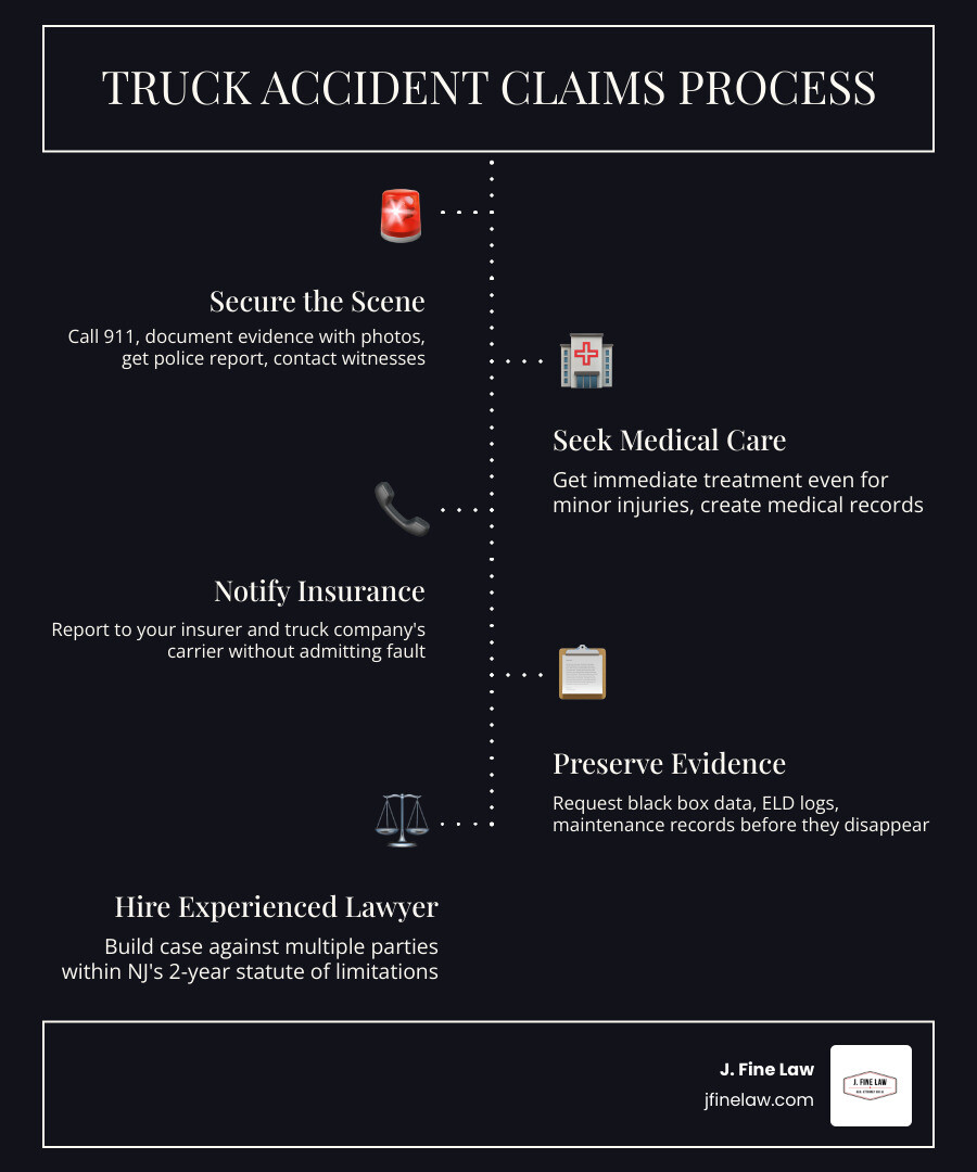 Infografía sobre el proceso de reclamaciones por accidente de camión en Cherry Hill que muestra los pasos, las partes responsables y los plazos clave - Accidente de camiones Infografía sobre el proceso de reclamaciones por accidente de camión en Cherry Hill que muestra los pasos, las partes responsables y los plazos clave - Accidente de camiones