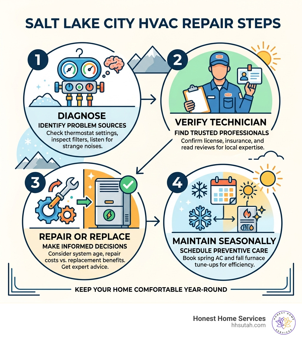 Infographic showing Salt Lake City HVAC repair steps: diagnose, verify technician, repair or replace, maintain seasonally Infographic showing Salt Lake City HVAC repair steps: diagnose, verify technician, repair or replace, maintain seasonally