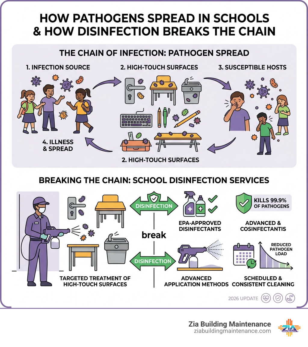 Infographic showing how pathogens spread through high-traffic educational environments and how disinfection breaks the chain