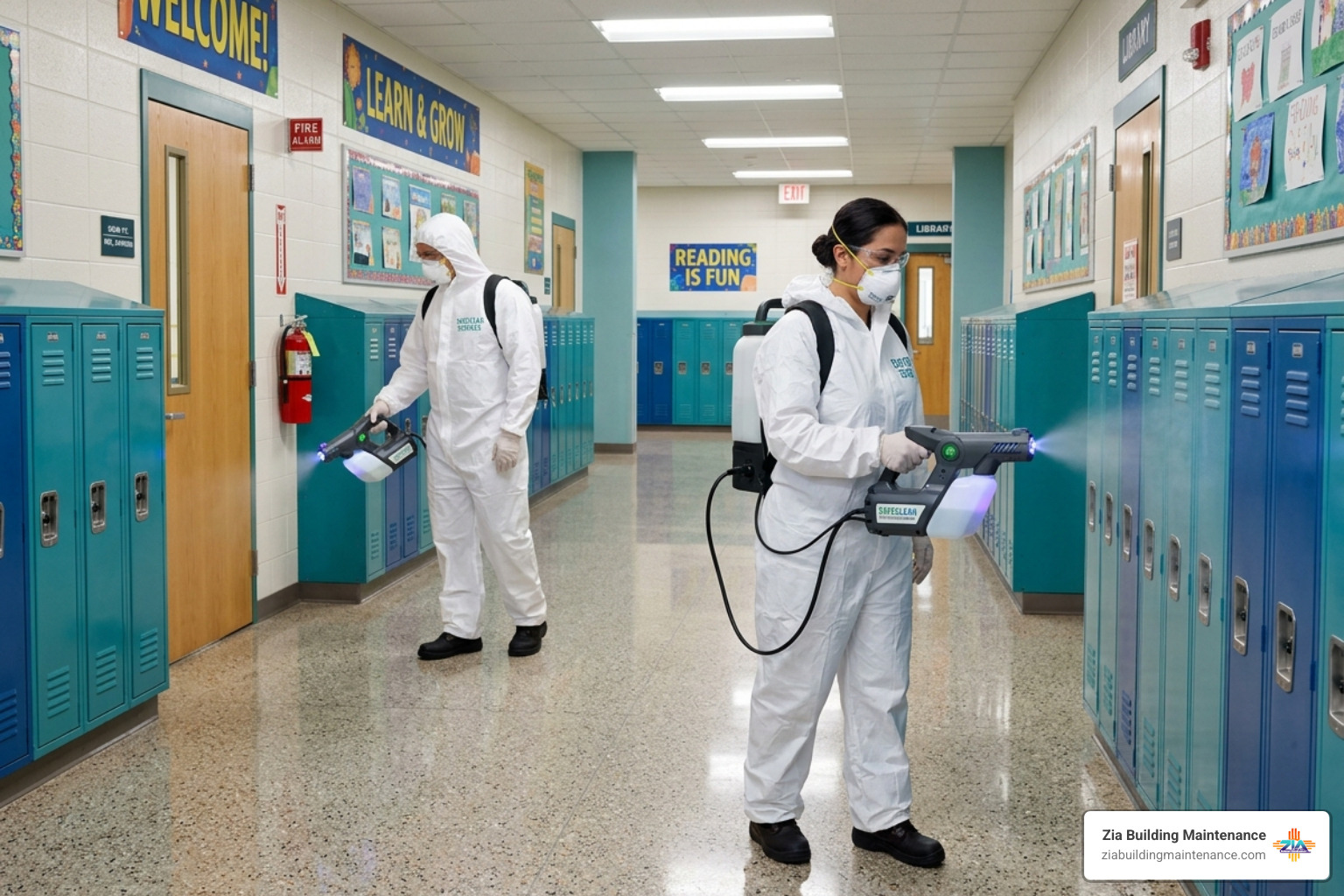 Professional cleaners using advanced equipment in a school hallway to ensure student safety - School disinfection services