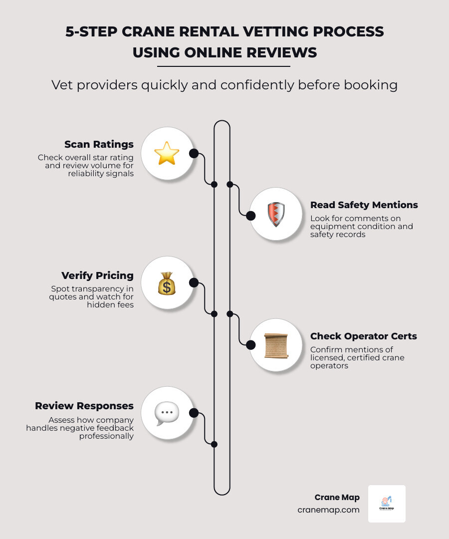 5-step crane rental vetting process using online reviews infographic - crane rental reviews online infographic