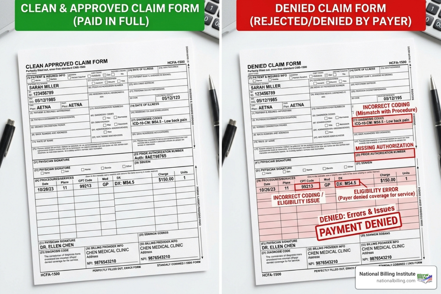 comparison of a clean claim vs a denied claim with error highlights - denials and appeals management