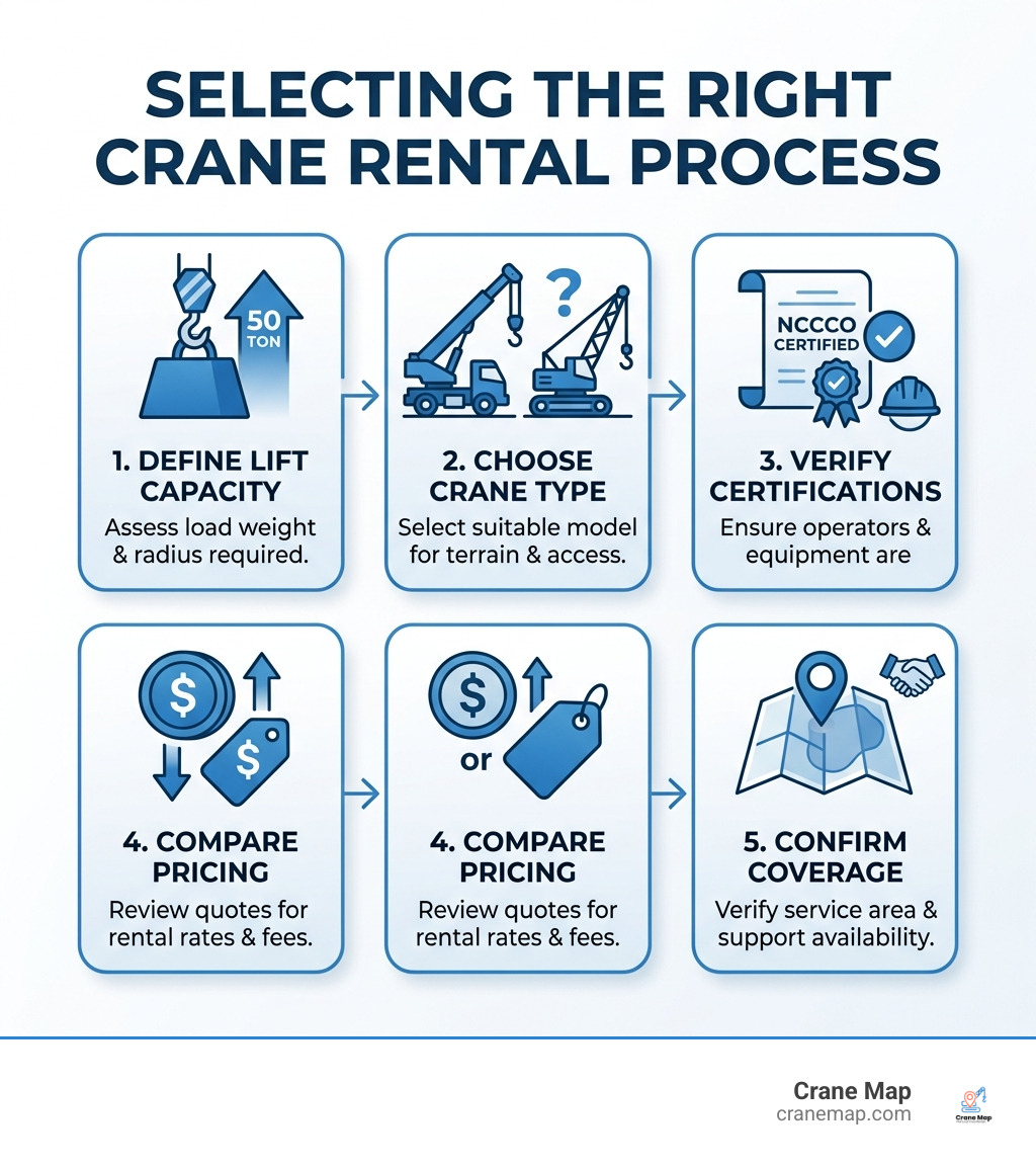 Infographic showing crane rental selection process: define lift capacity, choose crane type, verify certifications, compare