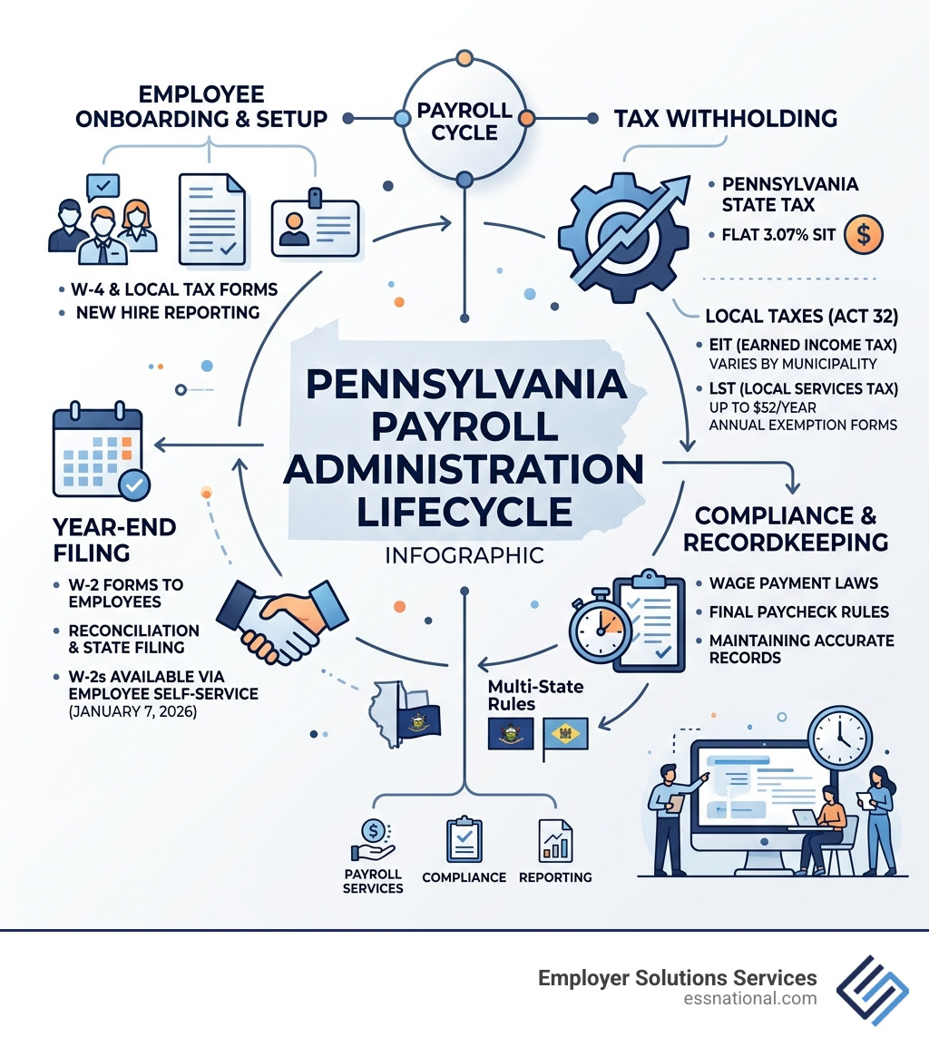 Pennsylvania payroll lifecycle infographic showing tax withholding, local taxes, compliance steps, and year-end filing