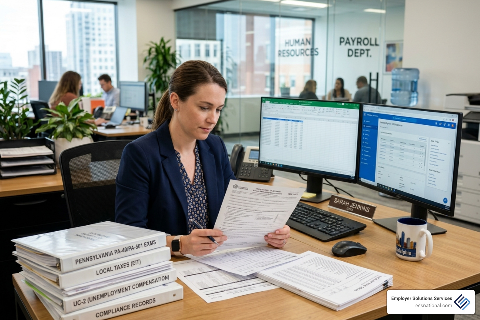 payroll administrator reviewing Pennsylvania tax documents and compliance records - payroll administration pennsylvania