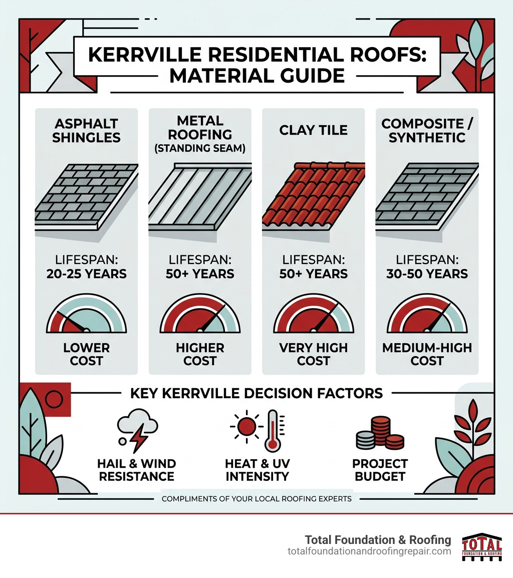 Infographic showing roofing material options, lifespan, and costs for Kerrville residential roofs - Kerrville residential Infographic showing roofing material options, lifespan, and costs for Kerrville residential roofs - Kerrville residential