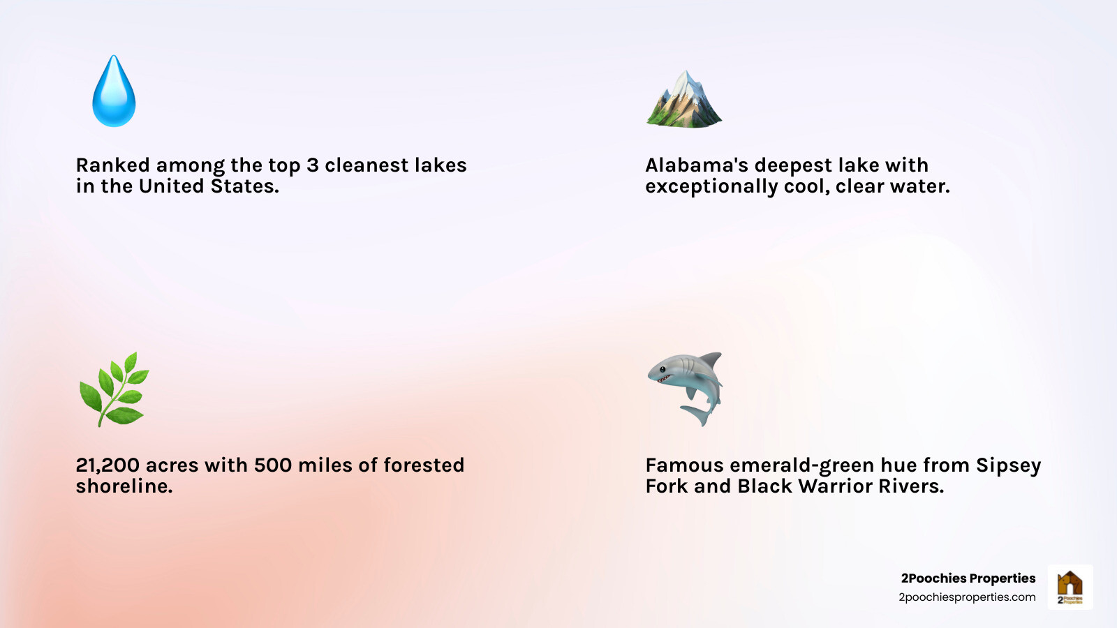Infographic showing Smith Lake Alabama vacation highlights: size, water quality, pet-friendly features, and activities