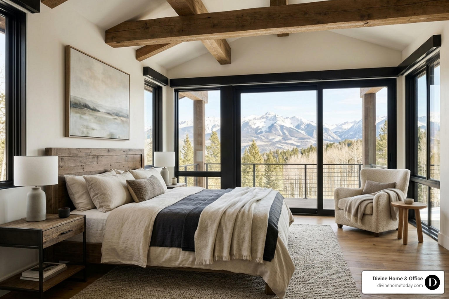 Rustic-modern Colorado luxury bedroom with exposed timber beams, natural fabrics, warm wood tones, large windows with Rustic-modern Colorado luxury bedroom with exposed timber beams, natural fabrics, warm wood tones, large windows with
