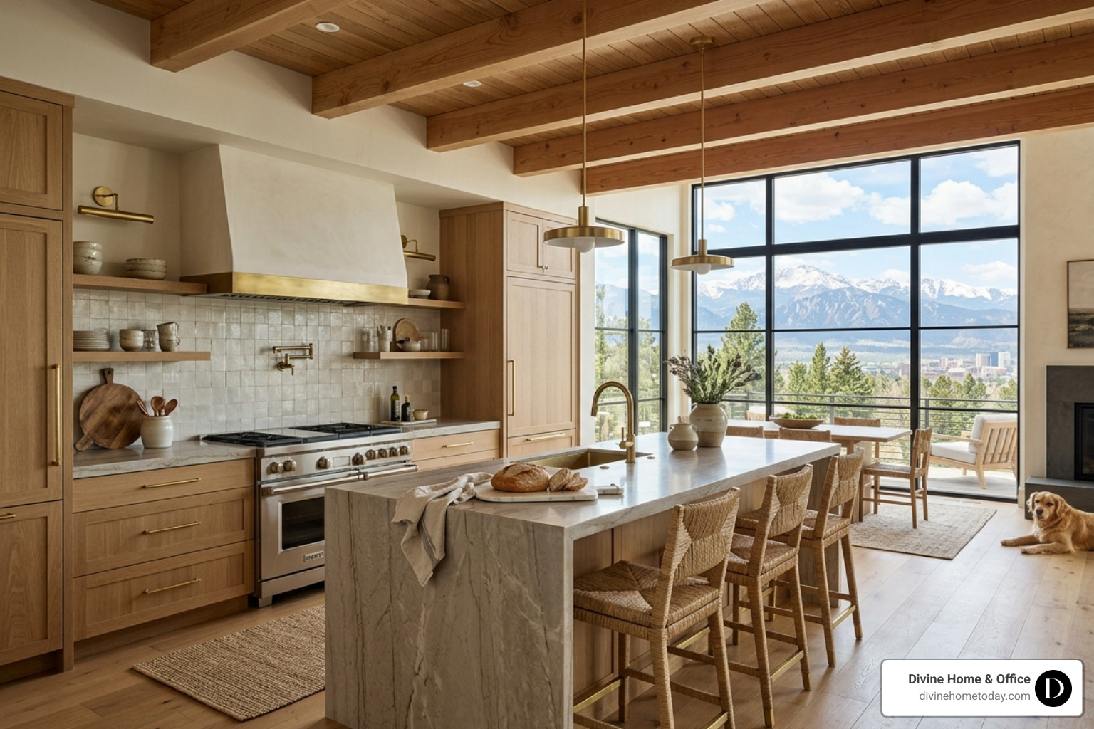 High-end modern mountain kitchen in a million-dollar Denver home, stone countertops, natural wood cabinetry, brass hardware High-end modern mountain kitchen in a million-dollar Denver home, stone countertops, natural wood cabinetry, brass hardware