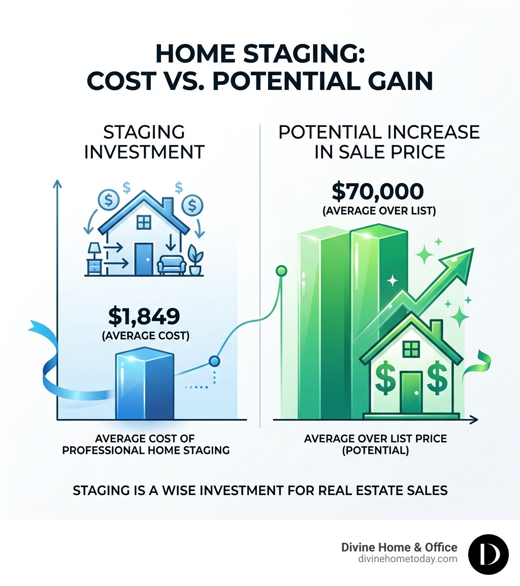 Infographic comparing the average cost of home staging ($1,849) against the potential increase in sale price ($70,000 Infographic comparing the average cost of home staging ($1,849) against the potential increase in sale price ($70,000