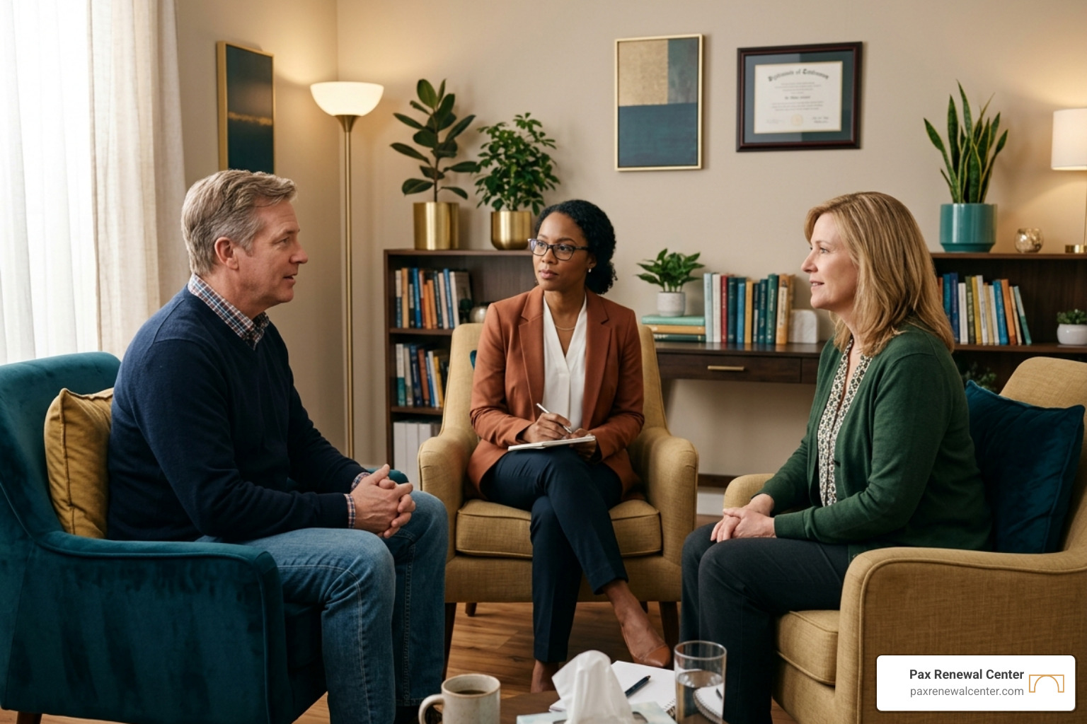 A couple in a respectful discussion moderated by a professional therapist - divorce counseling