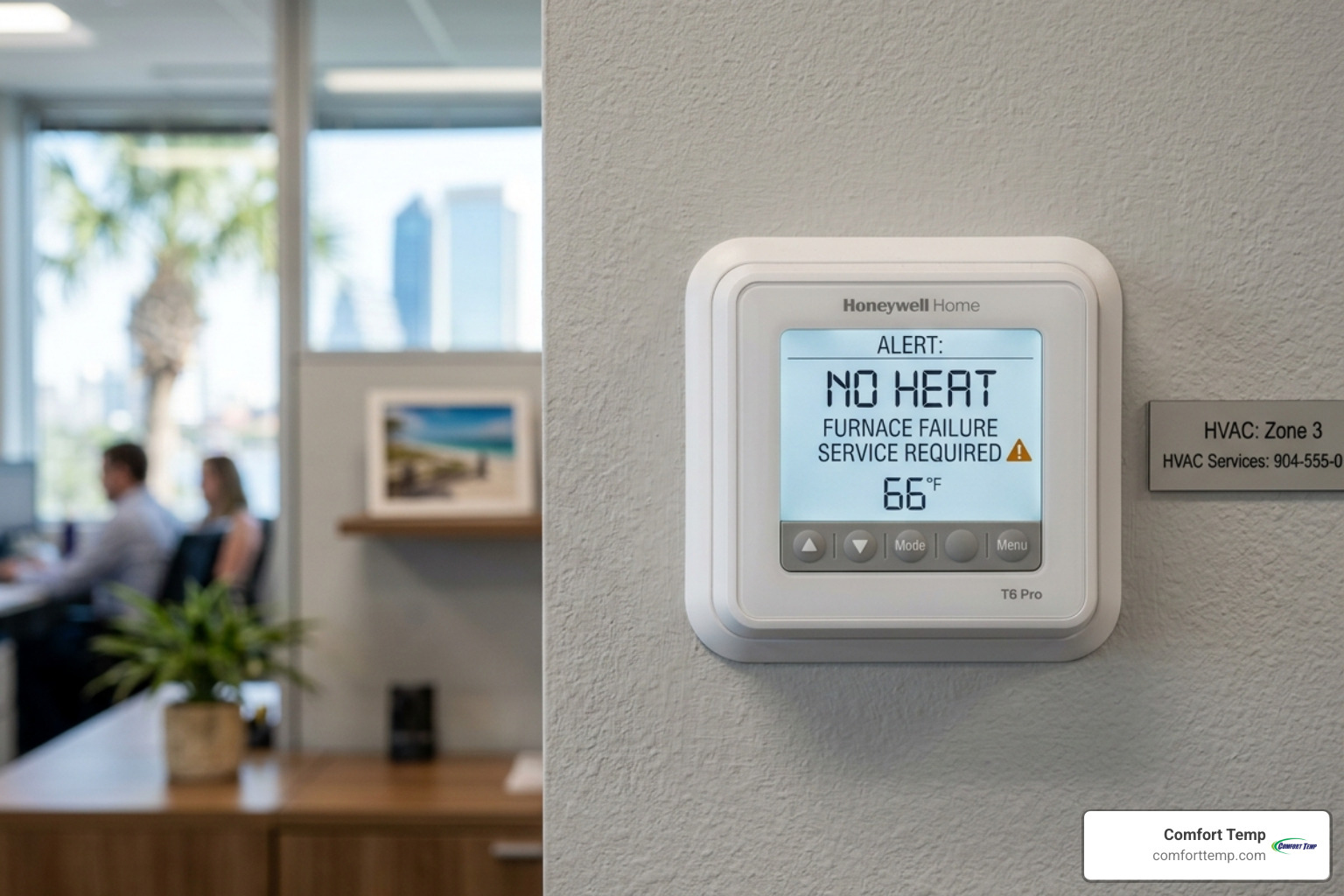 Digital thermostat in a Jacksonville office showing a "No Heat" alert - Emergency heating repair Jacksonville Digital thermostat in a Jacksonville office showing a "No Heat" alert - Emergency heating repair Jacksonville