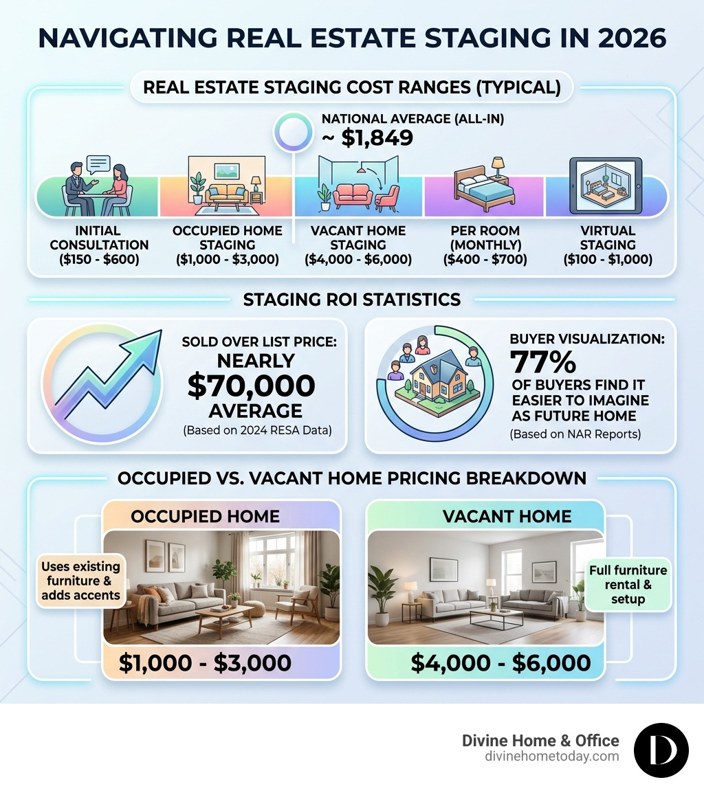 Infographic showing real estate staging cost ranges, ROI statistics, and occupied vs. vacant home pricing breakdown for 2026 Infographic showing real estate staging cost ranges, ROI statistics, and occupied vs. vacant home pricing breakdown for 2026