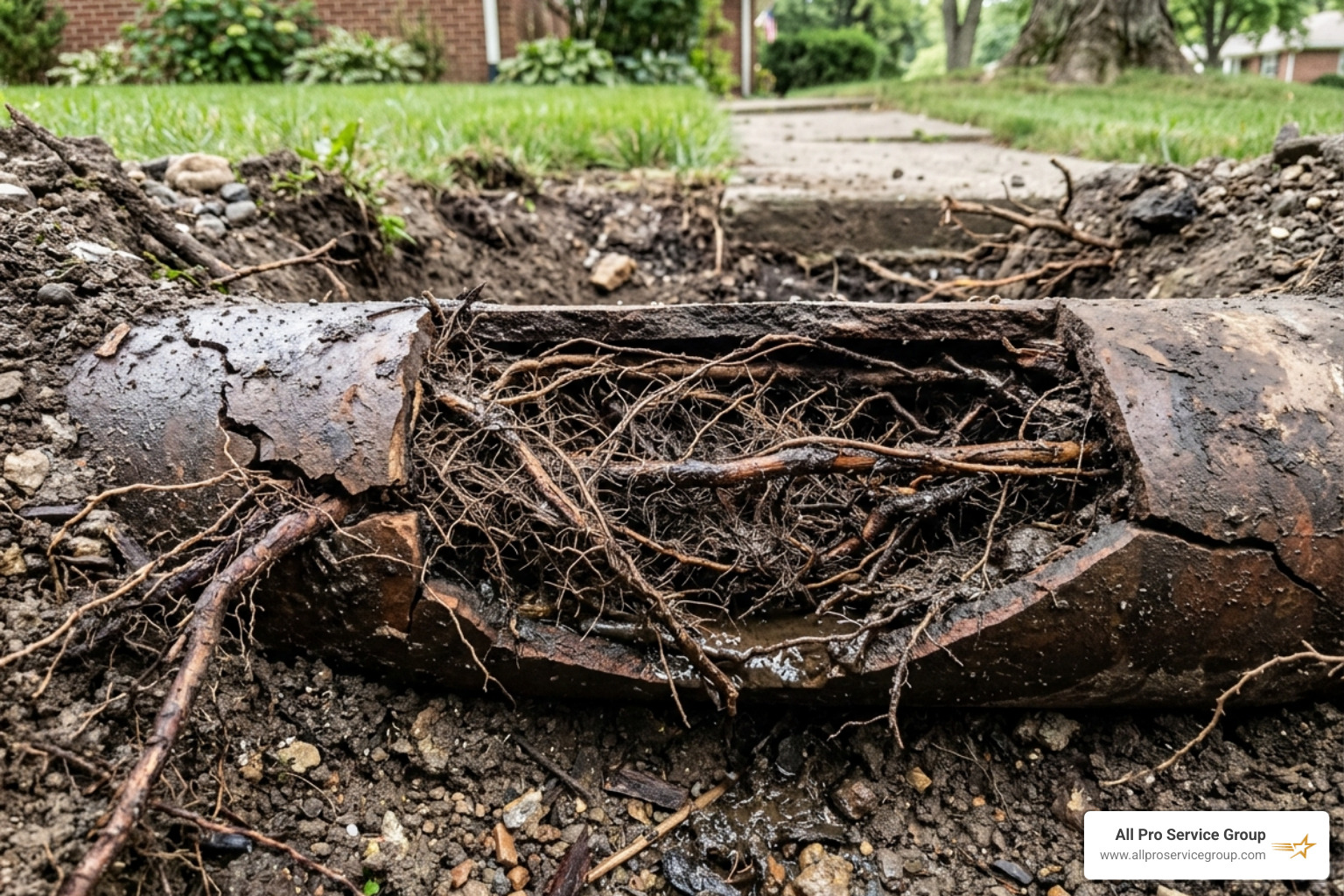Tree root intrusion in a sewer pipe - sewer services