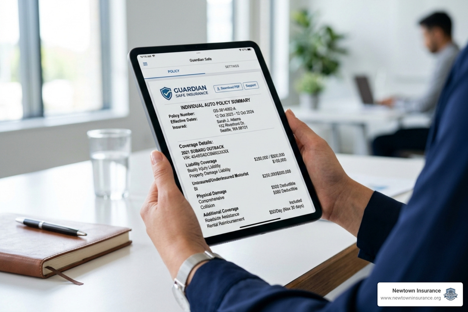 Digital insurance policy document on a tablet screen showing coverage details - car insurance Pennsylvania